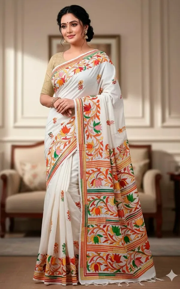 Hand_Embroidery_Blended_Silk_Kantha_Work_Saree_In_Off_White_Red_Orange_And_Multicolor_Thread_Work