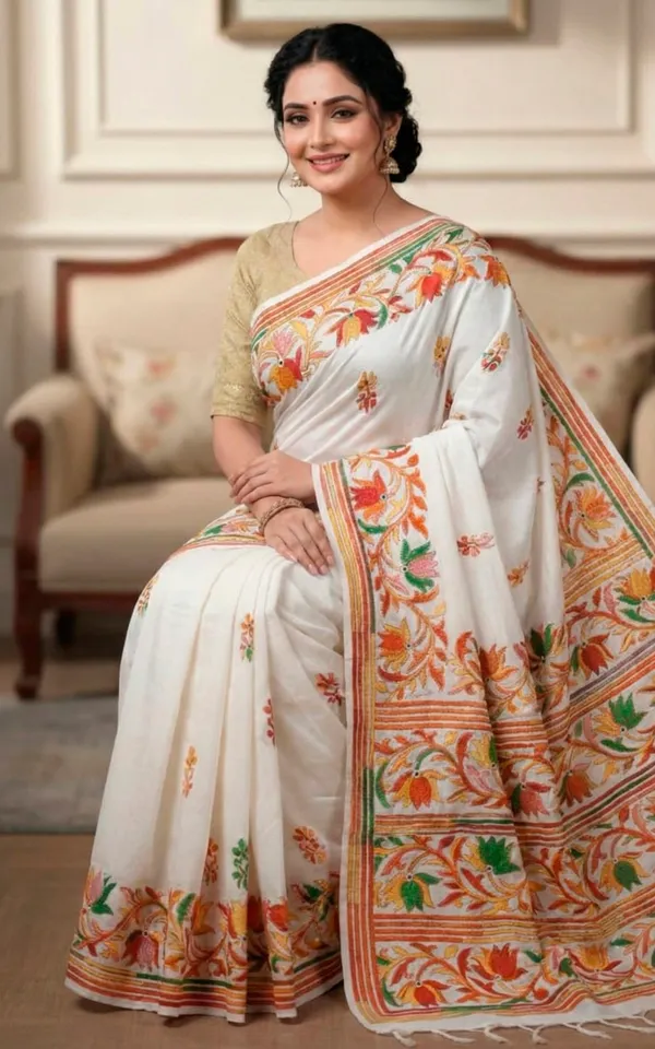 Hand_Embroidery_Blended_Silk_Kantha_Work_Saree_In_Off_White_Red_Orange_And_Multicolor_Thread_Work
