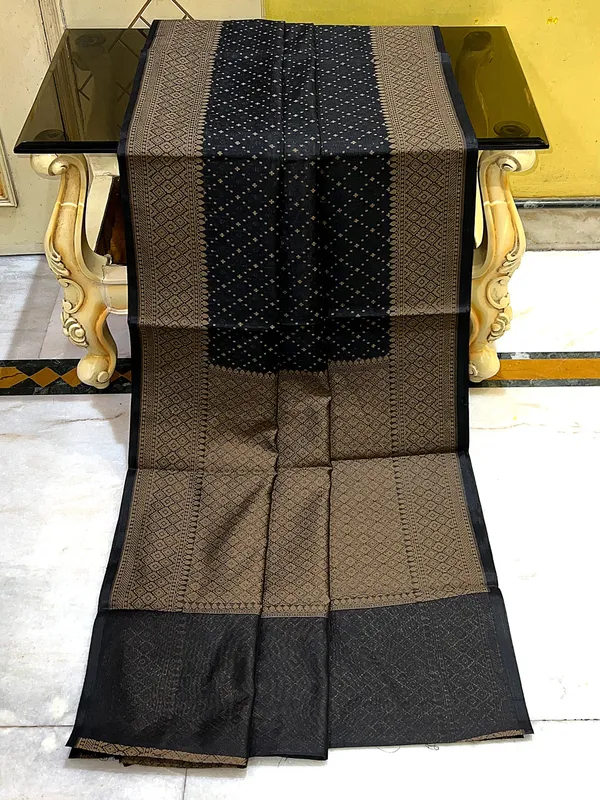 Cotton_Resham_Woven_Nakshi_Work_Chanderi_Saree_In_Black_And_Warm_Beige