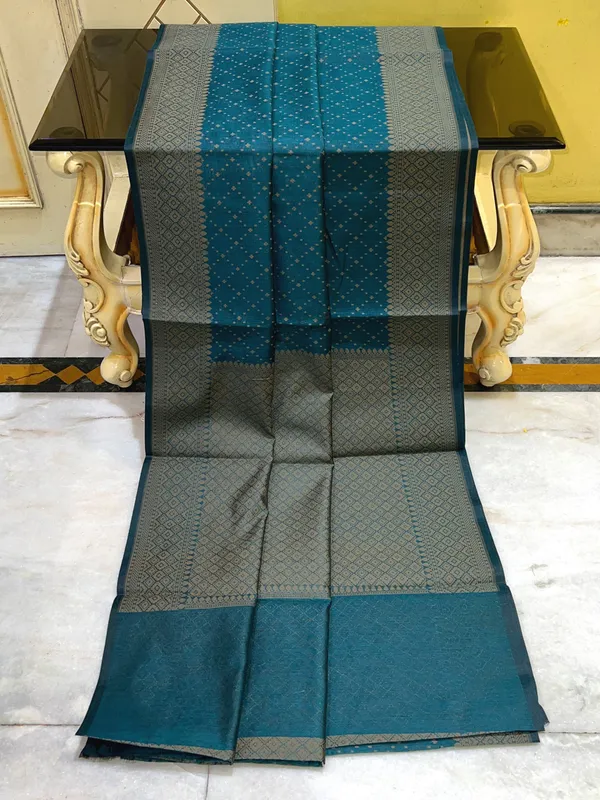 Cotton_Resham_Woven_Nakshi_Work_Chanderi_Saree_In_Deep_Aqua_Green_And_Warm_Beige