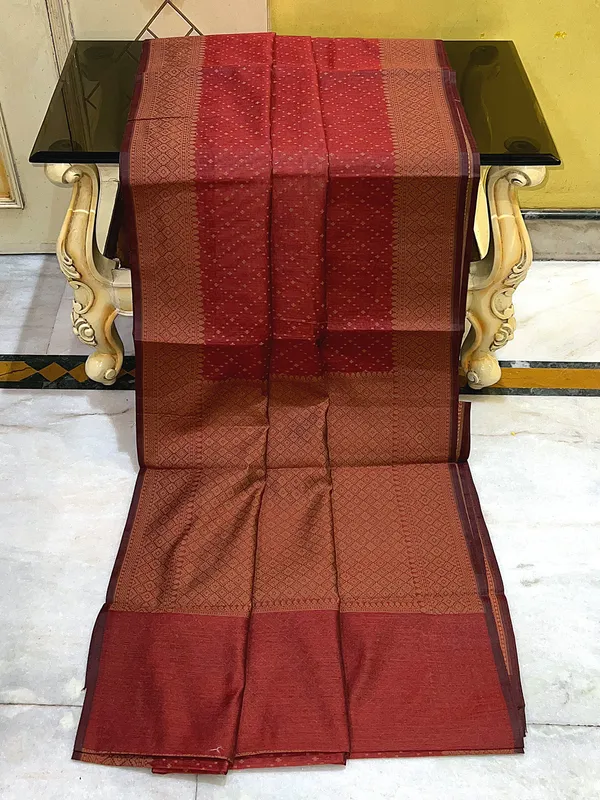 Cotton_Resham_Woven_Nakshi_Work_Chanderi_Saree_In_Burnt_Umber_And_Warm_Beige