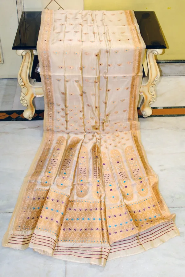 Traditional_Assam_Silk_Mekhla_Saree_In_Light_Beige_Purple_Azure_Blue_And_Pale_Golden