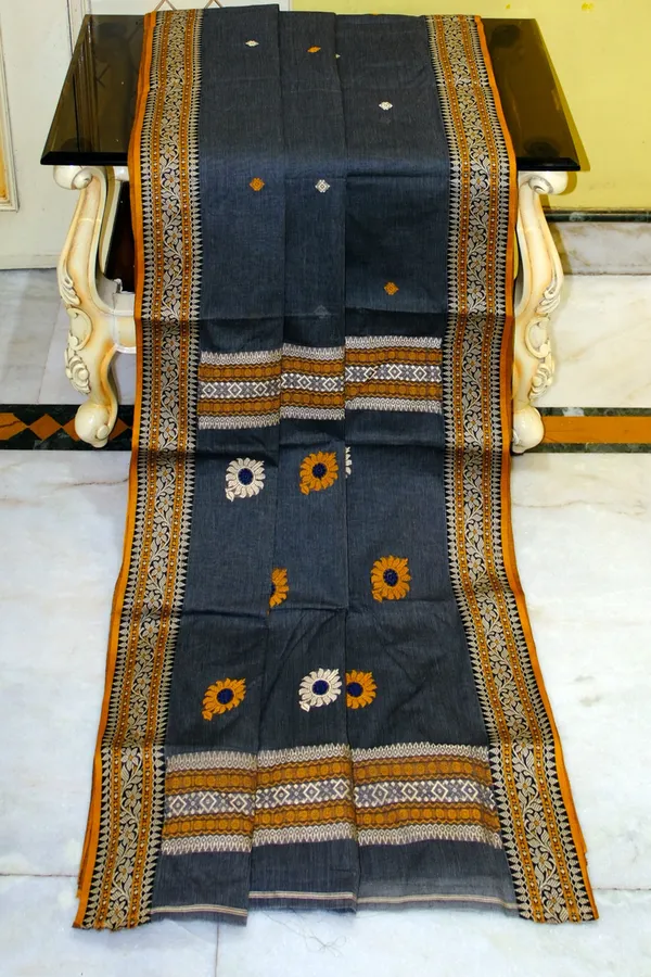 Self_Woven_Stripes_Premium_Quality_Bengal_Handloom_Cotton_Saree_In_Charcoal_Black_Mustard_Golden_And_Beige