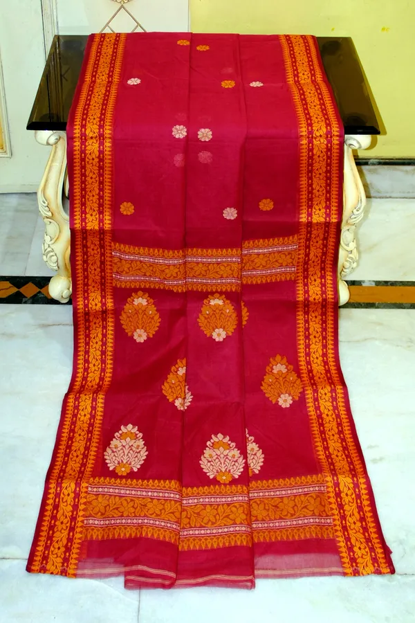 Premium_Quality_Bengal_Handloom_Cotton_Saree_In_Maroon_Mustard_Golden_And_Beige