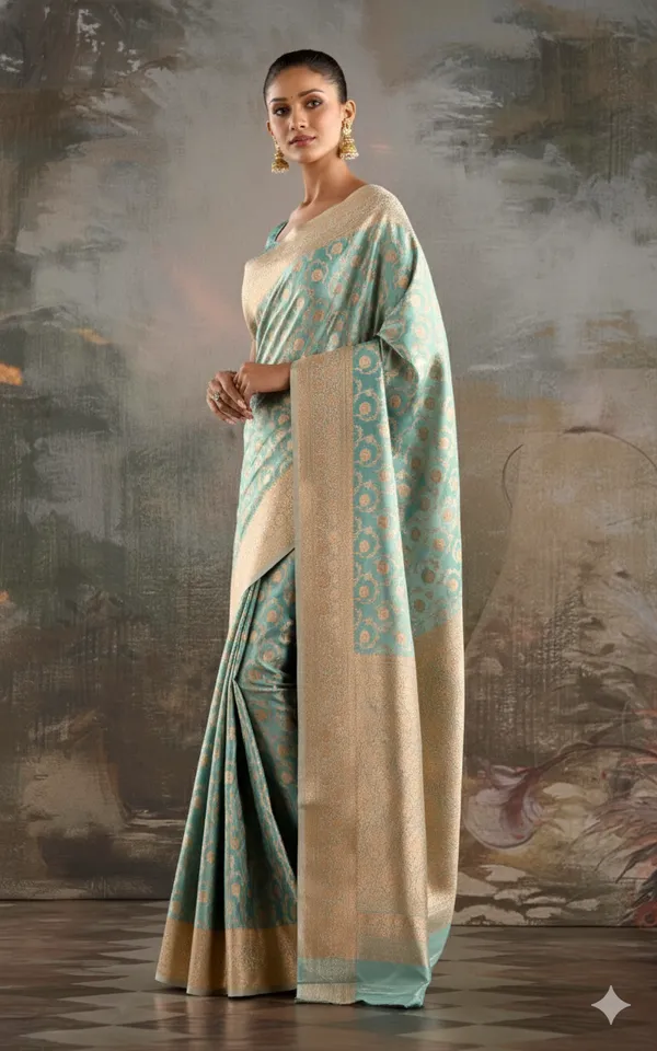 Floral_Jaal_Nakshi_Work_Designer_Katan_Silk_Banarasi_Saree_In_Pale_Blue_Lily_And_Antique_Golden_Zari_Nakshi_Work