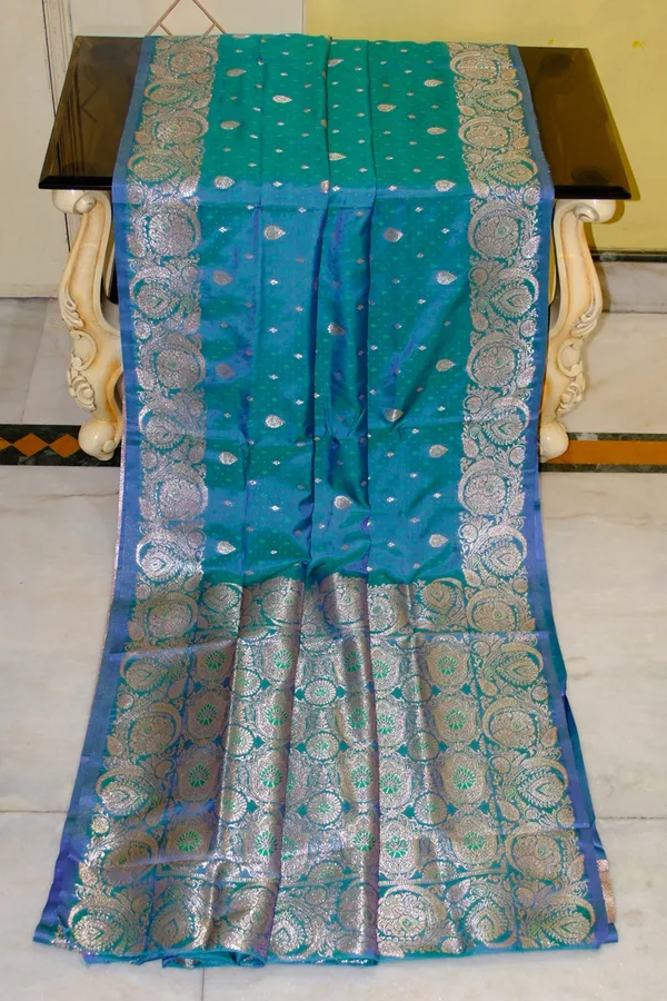 Jamawar_Satin_Tan_Chui_Katan_Silk_Saree_In_Teal_Green_And_Natural_Green