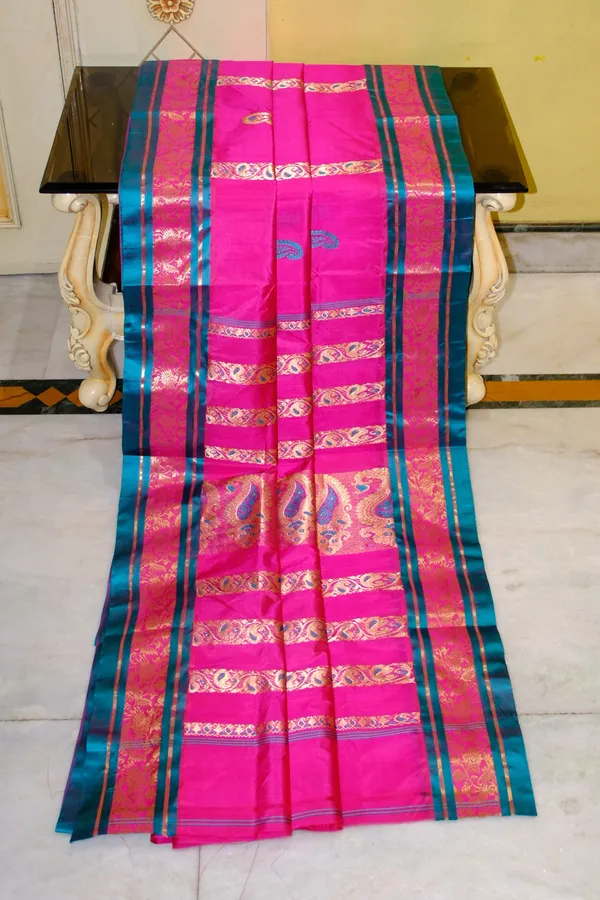 Traditional_Bishnupuri_Swarnachari_Pure_Silk_Saree_In_Persian_Rose_Dark_Cyan_And_Matt_Gold