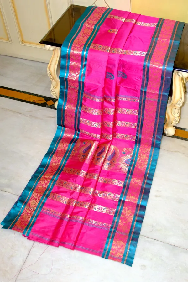 Traditional_Bishnupuri_Swarnachari_Pure_Silk_Saree_In_Persian_Rose_Dark_Cyan_And_Matt_Gold