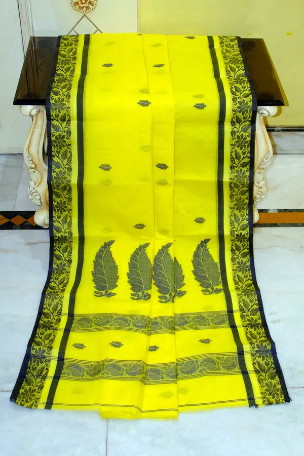 Bengal_Handloom_Cotton_Bomkai_Leaf_And_Floral_Nakshi_Work_Saree_In_Bright_Yellow_And_Black