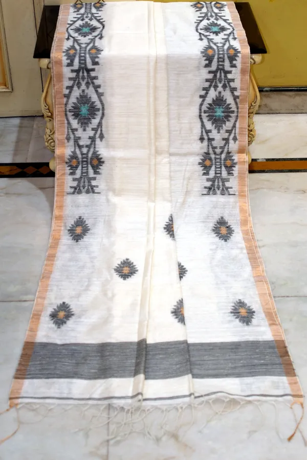 Premium_Quality_Woven_Needle_Karat_Nakshi_Work_Pure_Matka_Silk_Jamdani_Saree_In_Off_White_Black_Mustard_Sea_Green_And_Antique_Golden