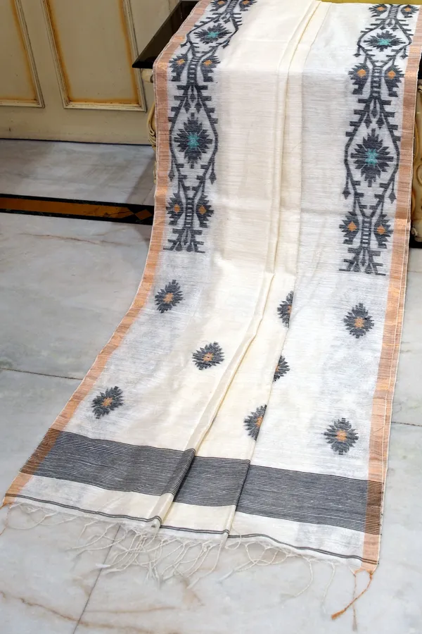 Premium_Quality_Woven_Needle_Karat_Nakshi_Work_Pure_Matka_Silk_Jamdani_Saree_In_Off_White_Black_Mustard_Sea_Green_And_Antique_Golden