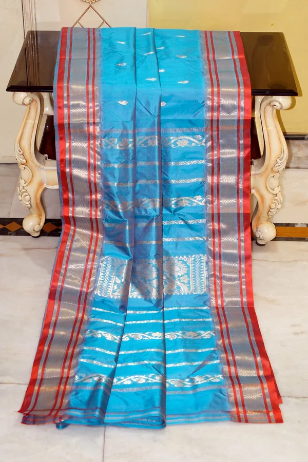 Bishnupuri_Paisely_Nakshi_Butta_Work_Pure_Katan_Silk_Saree_In_Turquoise_Blue_Portland_Orange_And_Matt_Gold