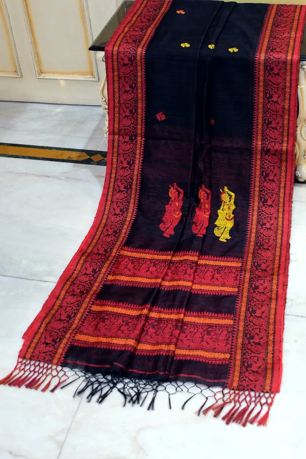 Premium_Quality_Double_Warp_Matka_Tussar_Baluchari_Silk_Saree_In_Black_Red_Yellow_And_Orange