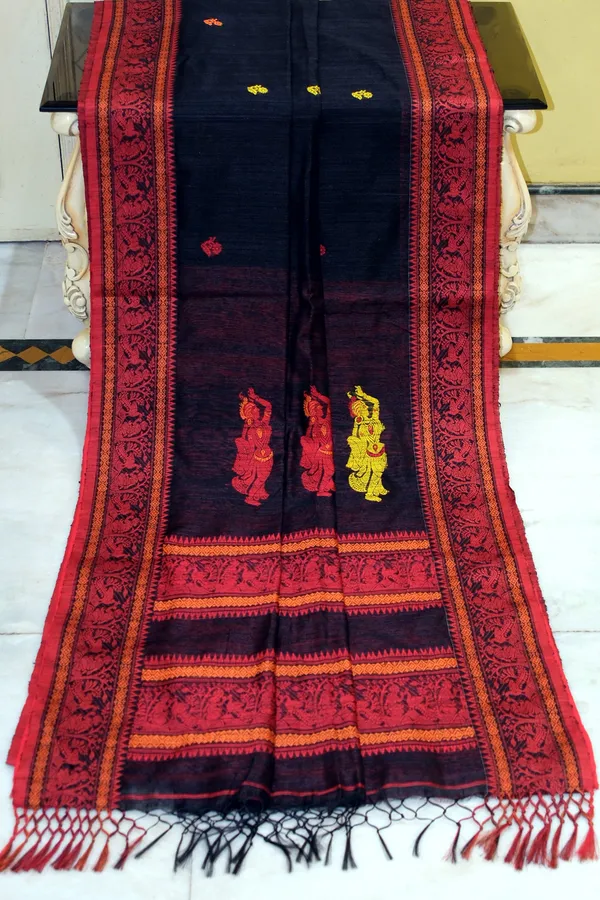 Premium_Quality_Double_Warp_Matka_Tussar_Baluchari_Silk_Saree_In_Black_Red_Yellow_And_Orange