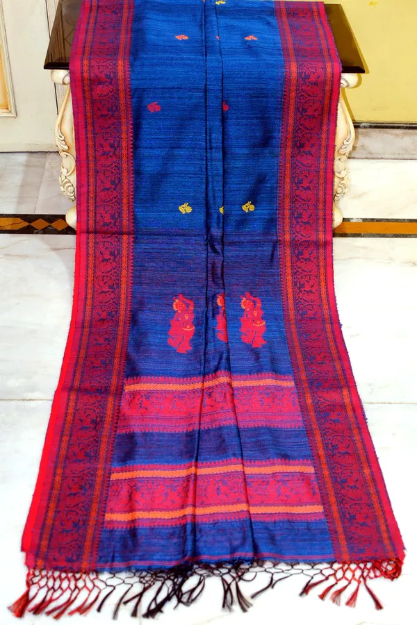 Premium_Quality_Double_Warp_Matka_Tussar_Baluchari_Silk_Saree_In_Sapphire_Blue_Red_Yellow_And_Orange