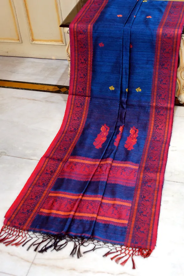 Premium_Quality_Double_Warp_Matka_Tussar_Baluchari_Silk_Saree_In_Sapphire_Blue_Red_Yellow_And_Orange