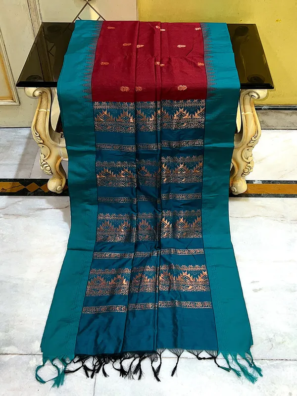 Soft_South_Cotton_Borderless_Pencil_Temple_Motifs_Gadwal_Saree_In_Vivid_Burgundy_And_Bright_Teal_Green