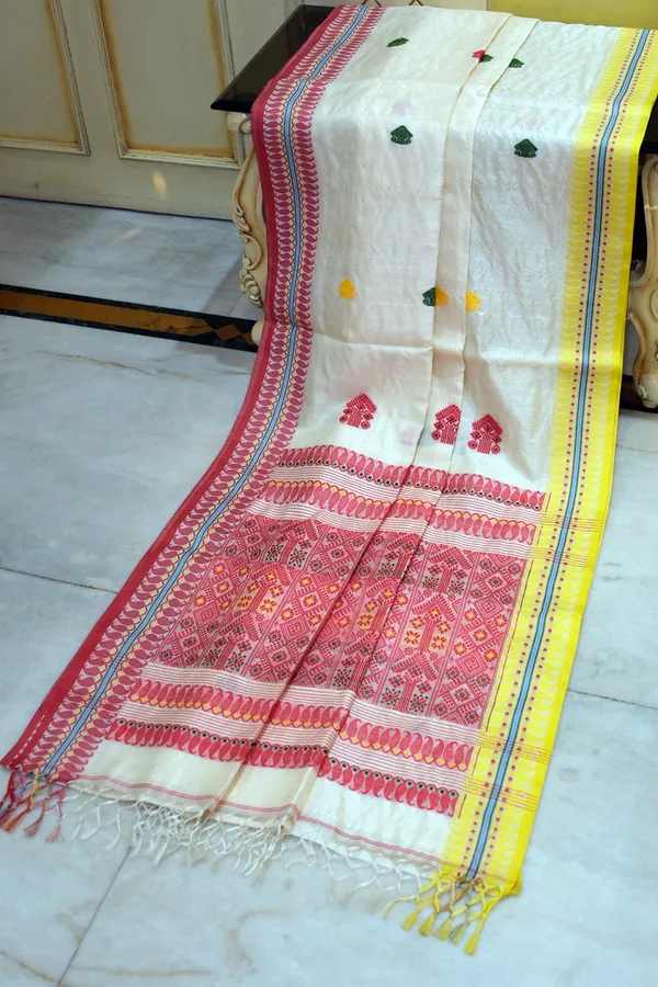 Premium_Quality_Tussar_Silk_Nakshi_Work_Saree_In_Off_White_Red_Yellow_And_Multicolor