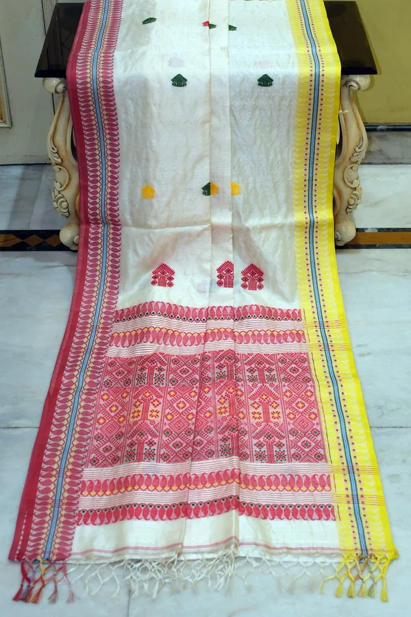 Premium_Quality_Tussar_Silk_Nakshi_Work_Saree_In_Off_White_Red_Yellow_And_Multicolor