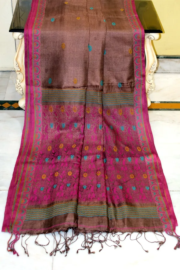 Premium_Quality_Tussar_Silk_Nakshi_Work_Saree_In_Otter_Brown_Burnt_Pink_And_Multicolor