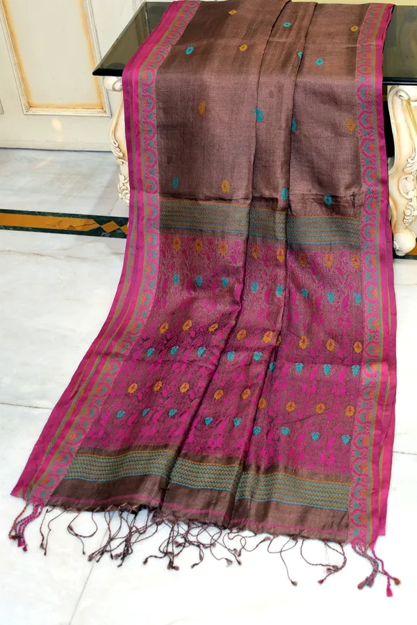 Premium_Quality_Tussar_Silk_Nakshi_Work_Saree_In_Otter_Brown_Burnt_Pink_And_Multicolor