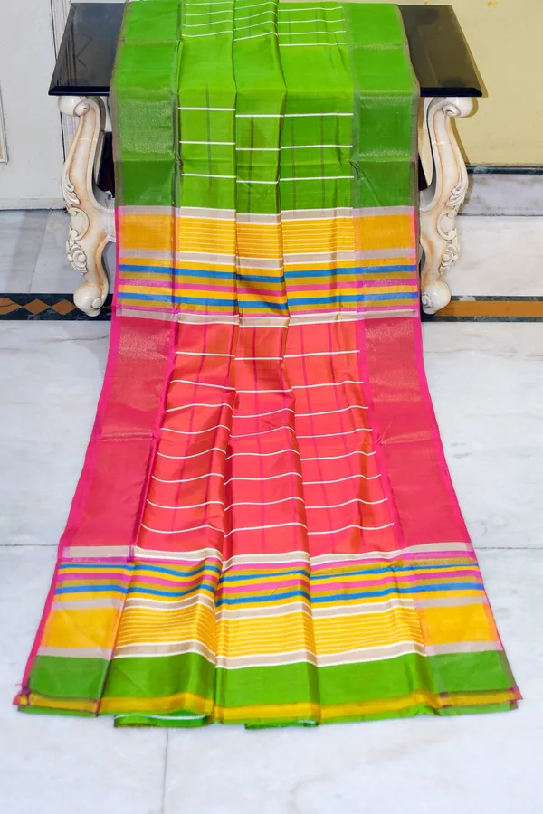 Hand_Woven_Bishnupuri_Checks_Katan_Silk_Saree_In_Dark_Lime_Green_Tomato_Red_And_Corn_Yellow