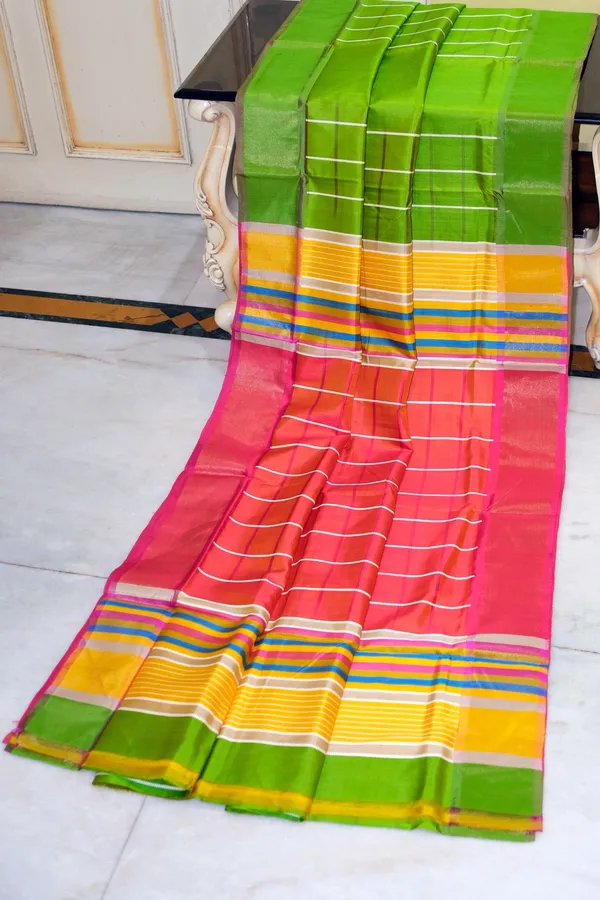 Hand_Woven_Bishnupuri_Checks_Katan_Silk_Saree_In_Dark_Lime_Green_Tomato_Red_And_Corn_Yellow