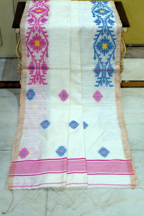 Premium_Quality_Woven_Needle_Karat_Nakshi_Work_Pure_Matka_Silk_Jamdani_Saree_In_Off_White_Hot_Pink_French_Blue_And_Antique_Golden
