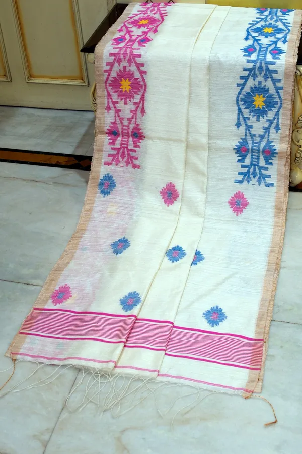 Premium_Quality_Woven_Needle_Karat_Nakshi_Work_Pure_Matka_Silk_Jamdani_Saree_In_Off_White_Hot_Pink_French_Blue_And_Antique_Golden