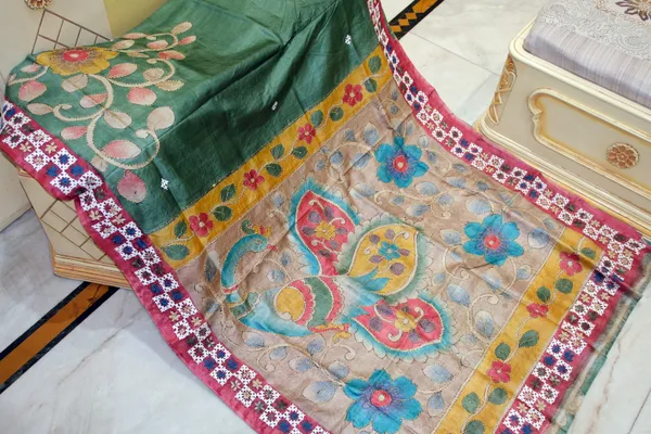 Premium_Quality_Tussar_Kalamkari_Silk_Saree_With_Hand_Kantha_And_Kutch_Work_In_Cactus_Green_Red_And_Multicolor