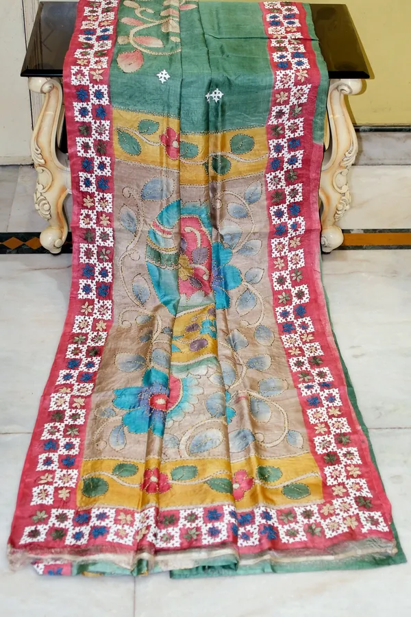 Premium_Quality_Tussar_Kalamkari_Silk_Saree_With_Hand_Kantha_And_Kutch_Work_In_Cactus_Green_Red_And_Multicolor