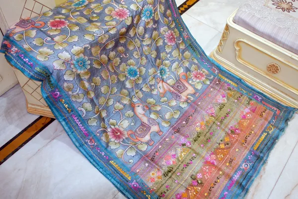 Premium_Quality_Tussar_Kalamkari_Silk_Saree_With_Hand_Kantha_And_Lambani_Work_In_Gull_Grey_Glacial_Blue_And_Multicolor