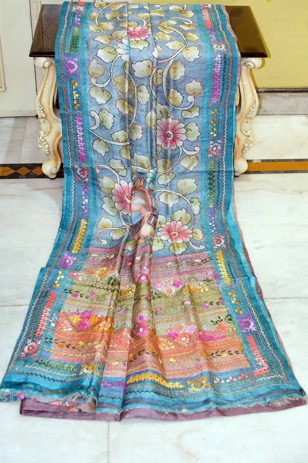 Premium_Quality_Tussar_Kalamkari_Silk_Saree_With_Hand_Kantha_And_Lambani_Work_In_Gull_Grey_Glacial_Blue_And_Multicolor