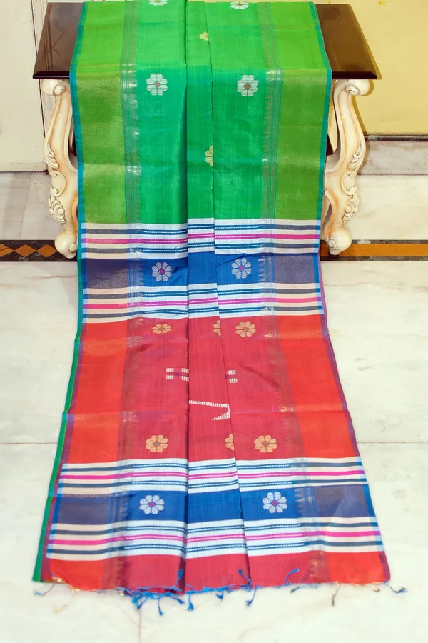 Hand_Woven_Bishnupuri_Kalakshetra_Katan_Silk_Saree_In_Leafy_Green_Tory_Blue_And_Terracotta_Red