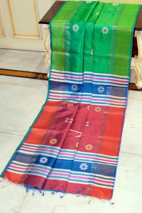 Hand_Woven_Bishnupuri_Kalakshetra_Katan_Silk_Saree_In_Leafy_Green_Tory_Blue_And_Terracotta_Red