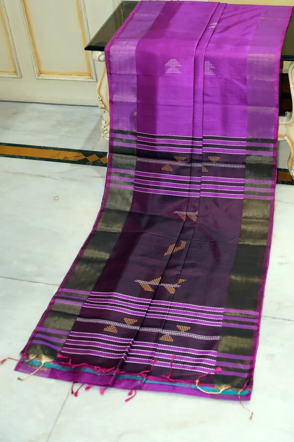 Hand_Woven_Bishnupuri_Kalakshetra_Katan_Silk_Saree_In_Puprle_Off_White_Parmesan_And_Dark_Byzantium