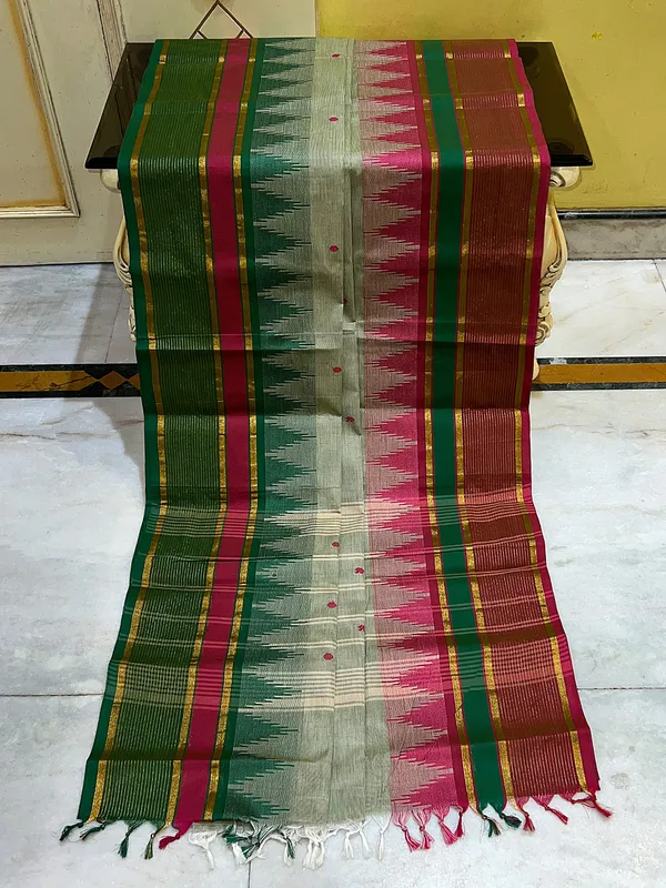 Traditional_Premium_Quality_Hand_Woven_Step_Temple_Ganga_Jamuna_Border_South_Cotton_Gadwal_Saree_In_Pixie_Green_Espresso_And_Palm_Green