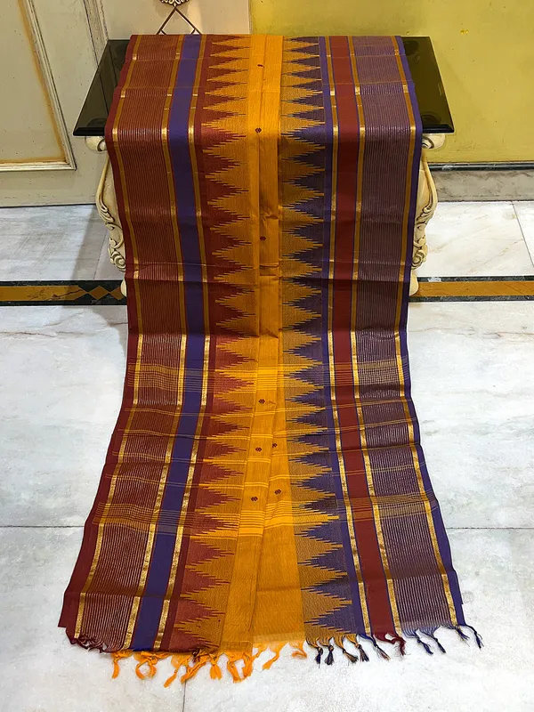 Traditional_Premium_Quality_Hand_Woven_Step_Temple_Ganga_Jamuna_Border_South_Cotton_Gadwal_Saree_In_Chrome_Yellow_Burnt_Umber_And_Navy_Blue
