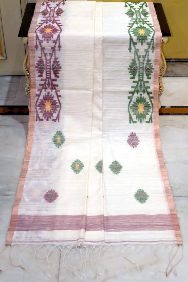 Premium_Quality_Woven_Needle_Karat_Nakshi_Work_Pure_Matka_Silk_Jamdani_Saree_In_Off_White_Burnt_Maroon_Deep_Green_And_Antique_Golden