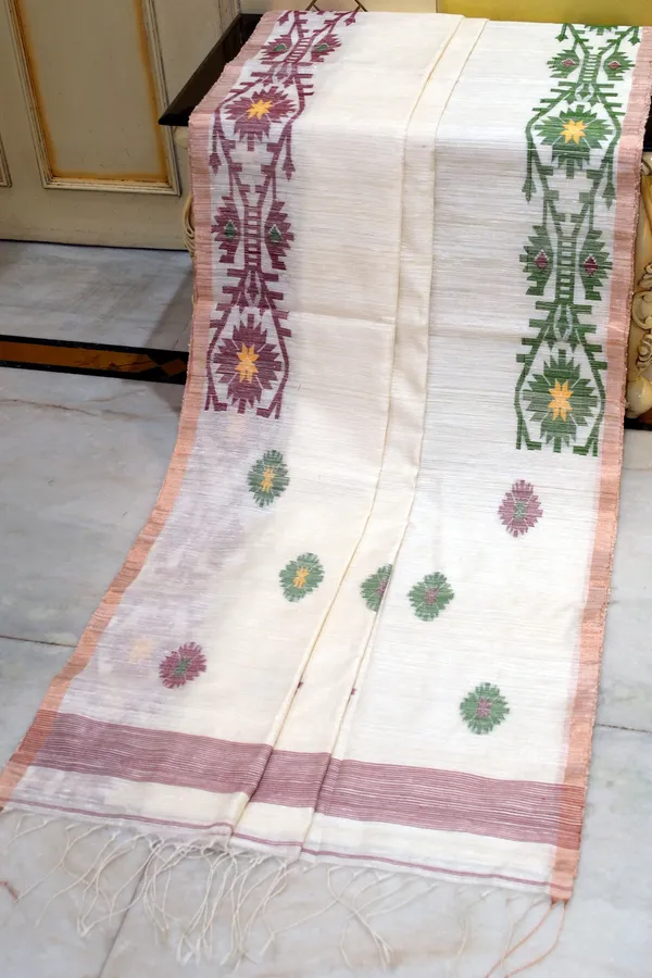 Premium_Quality_Woven_Needle_Karat_Nakshi_Work_Pure_Matka_Silk_Jamdani_Saree_In_Off_White_Burnt_Maroon_Deep_Green_And_Antique_Golden