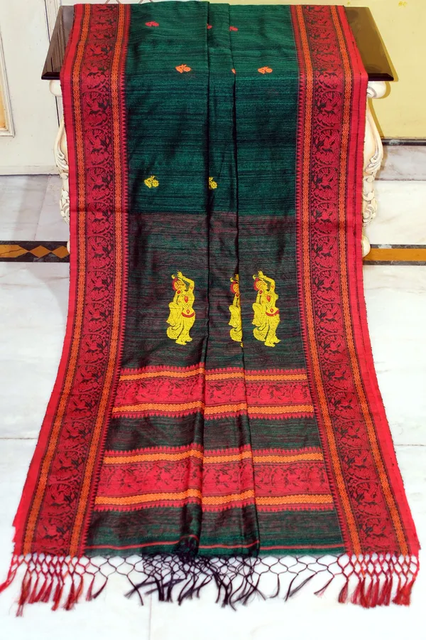 Premium_Quality_Double_Warp_Matka_Tussar_Baluchari_Silk_Saree_In_Bottle_Green_Red_Yellow_And_Orange