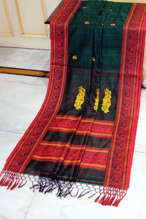 Premium_Quality_Double_Warp_Matka_Tussar_Baluchari_Silk_Saree_In_Bottle_Green_Red_Yellow_And_Orange