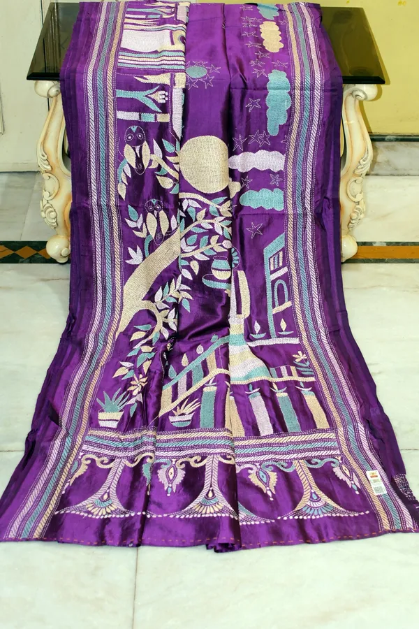 Hand_Embroidery_Kantha_Stitch_Work_Pure_Silk_Saree_In_Purple_Vanilla_Cyan_And_Off_White