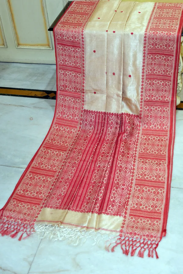 Premium_Quality_Assamese_Nakshi_Motif_Inspired_Hand_Woven_Work_On_Tussar_Silk_Saree_In_Parmesan_And_Red
