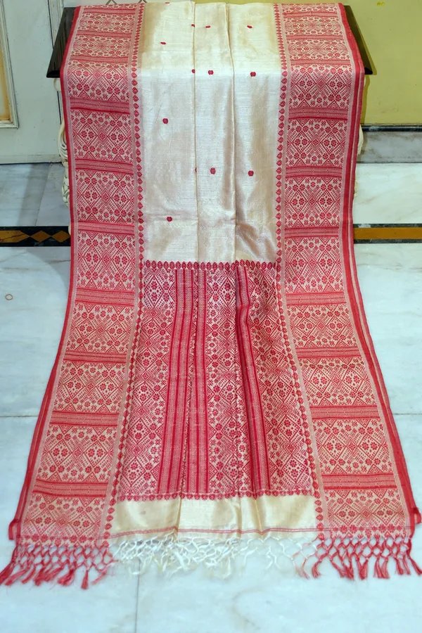 Premium_Quality_Assamese_Nakshi_Motif_Inspired_Hand_Woven_Work_On_Tussar_Silk_Saree_In_Parmesan_And_Red