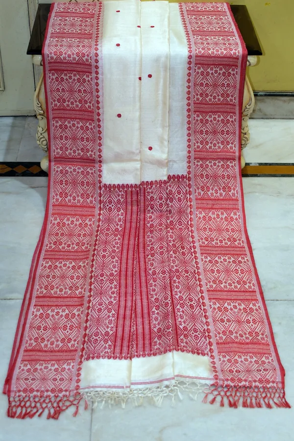 Premium_Quality_Assamese_Nakshi_Motif_Inspired_Hand_Woven_Work_On_Tussar_Silk_Saree_In_Floral_White_And_Red
