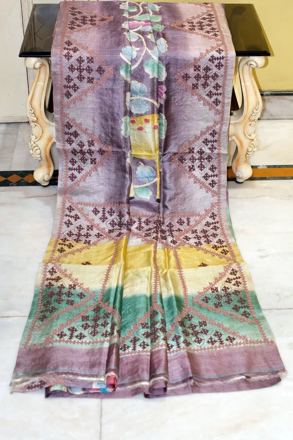 Premium_Quality_Tussar_Kalamkari_Silk_Saree_With_Hand_Kantha_And_Kutch_Work_In_Viola_Purple_Beige_Congo_Brown_And_Multicolor