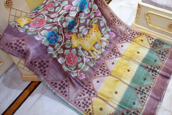 Premium_Quality_Tussar_Kalamkari_Silk_Saree_With_Hand_Kantha_And_Kutch_Work_In_Viola_Purple_Beige_Congo_Brown_And_Multicolor