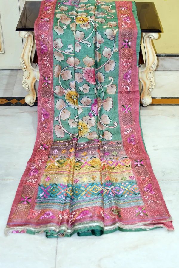 Premium_Quality_Tussar_Kalamkari_Silk_Saree_With_Hand_Kantha_And_Lambani_Work_In_Mineral_Green_Brick_Red_And_Multicolor