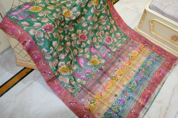 Premium_Quality_Tussar_Kalamkari_Silk_Saree_With_Hand_Kantha_And_Lambani_Work_In_Mineral_Green_Brick_Red_And_Multicolor
